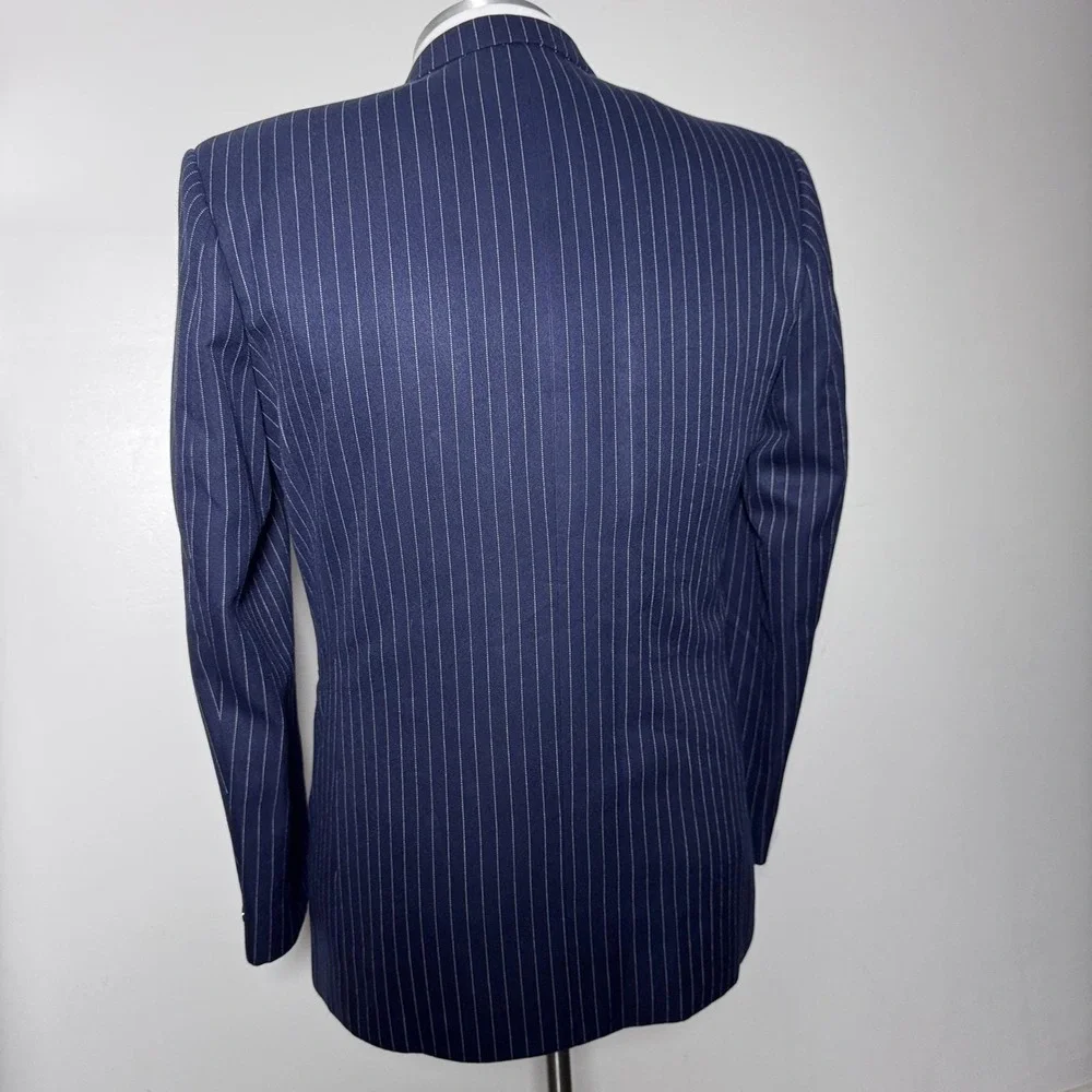 Custom Tailored Vtg Suit Mens 42L 34x33 Navy Pinstripe Double‎ Breasted Peak